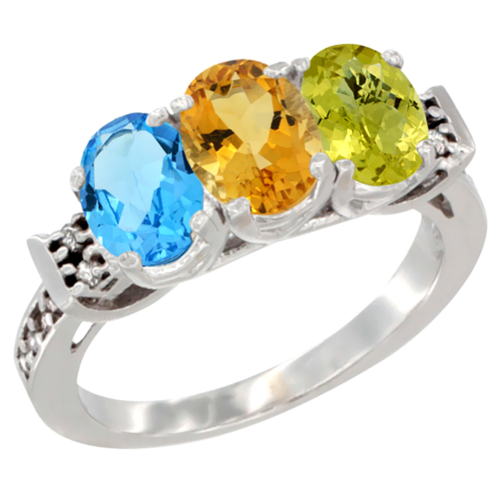 10K White Gold Natural Swiss Blue Topaz, Citrine &amp; Lemon Quartz Ring 3-Stone Oval 7x5 mm Diamond Accent, sizes 5 - 10