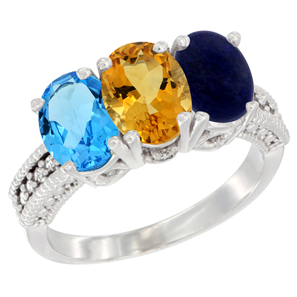 10K White Gold Natural Swiss Blue Topaz, Citrine & Lapis Ring 3-Stone Oval 7x5 mm Diamond Accent, sizes 5 - 10