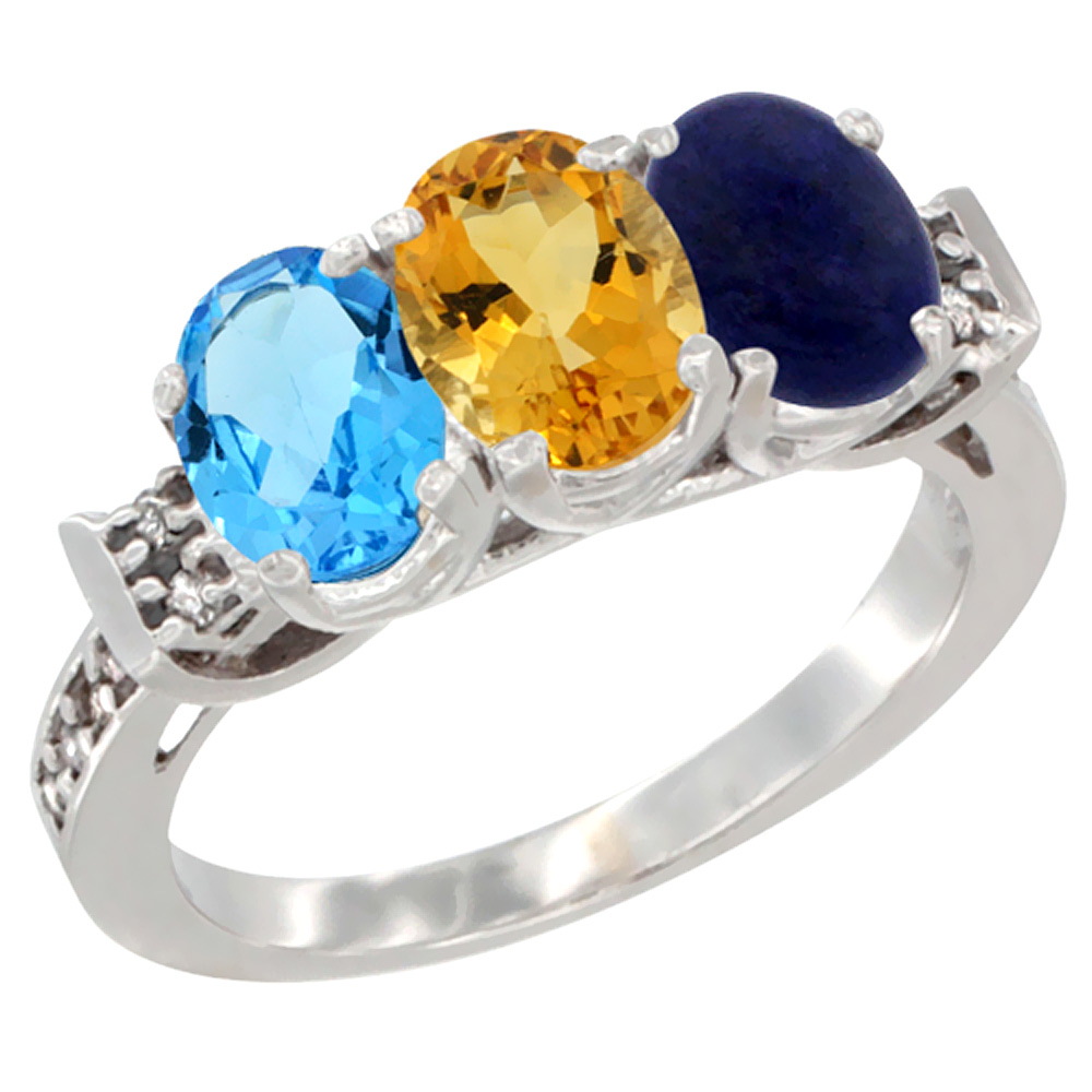 10K White Gold Natural Swiss Blue Topaz, Citrine &amp; Lapis Ring 3-Stone Oval 7x5 mm Diamond Accent, sizes 5 - 10