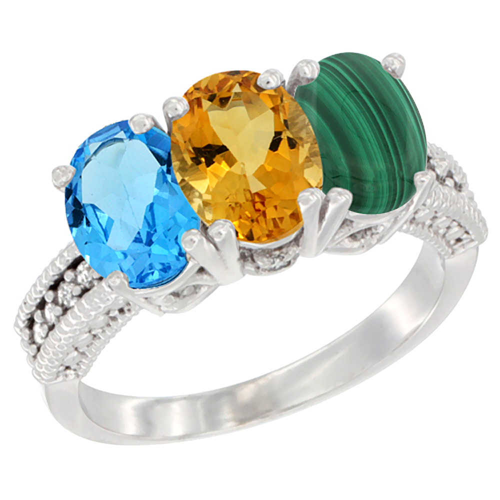 14K White Gold Natural Swiss Blue Topaz, Citrine &amp; Malachite Ring 3-Stone 7x5 mm Oval Diamond Accent, sizes 5 - 10