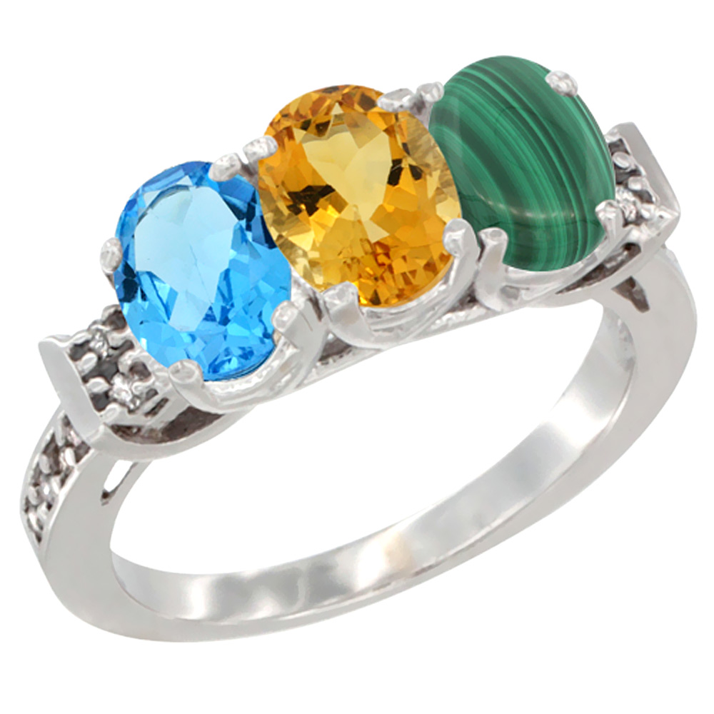 14K White Gold Natural Swiss Blue Topaz, Citrine & Malachite Ring 3-Stone 7x5 mm Oval Diamond Accent, sizes 5 - 10