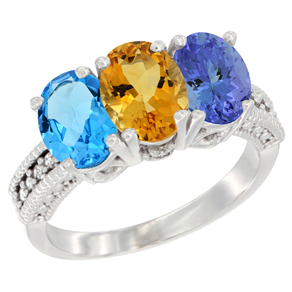 14K White Gold Natural Swiss Blue Topaz, Citrine &amp; Tanzanite Ring 3-Stone 7x5 mm Oval Diamond Accent, sizes 5 - 10