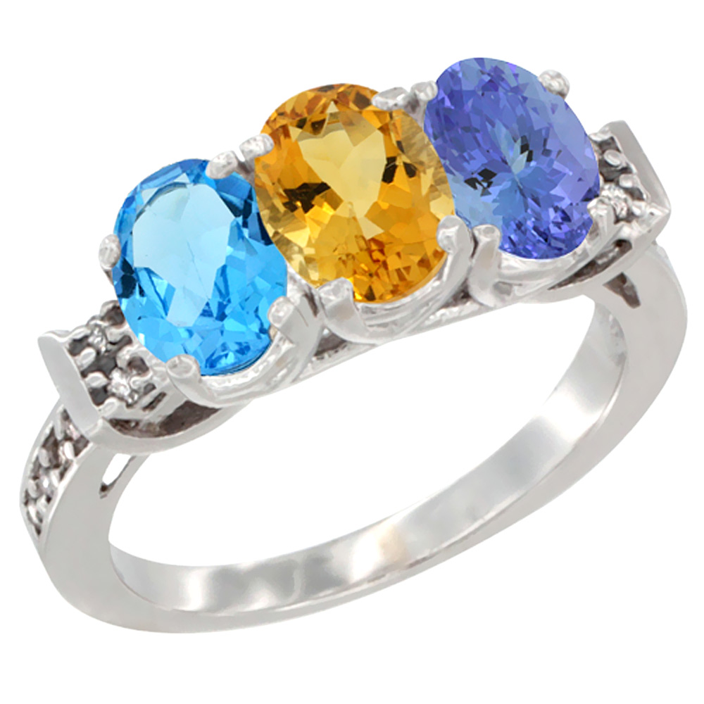 14K White Gold Natural Swiss Blue Topaz, Citrine &amp; Tanzanite Ring 3-Stone 7x5 mm Oval Diamond Accent, sizes 5 - 10