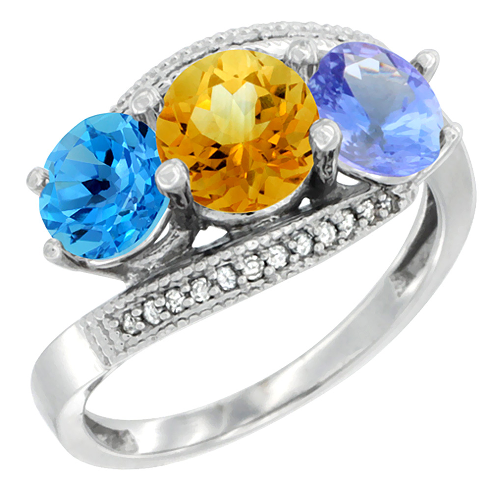 14K White Gold Natural Swiss Blue Topaz, Citrine & Tanzanite 3 stone Ring Round 6mm Diamond Accent, sizes 5 - 10