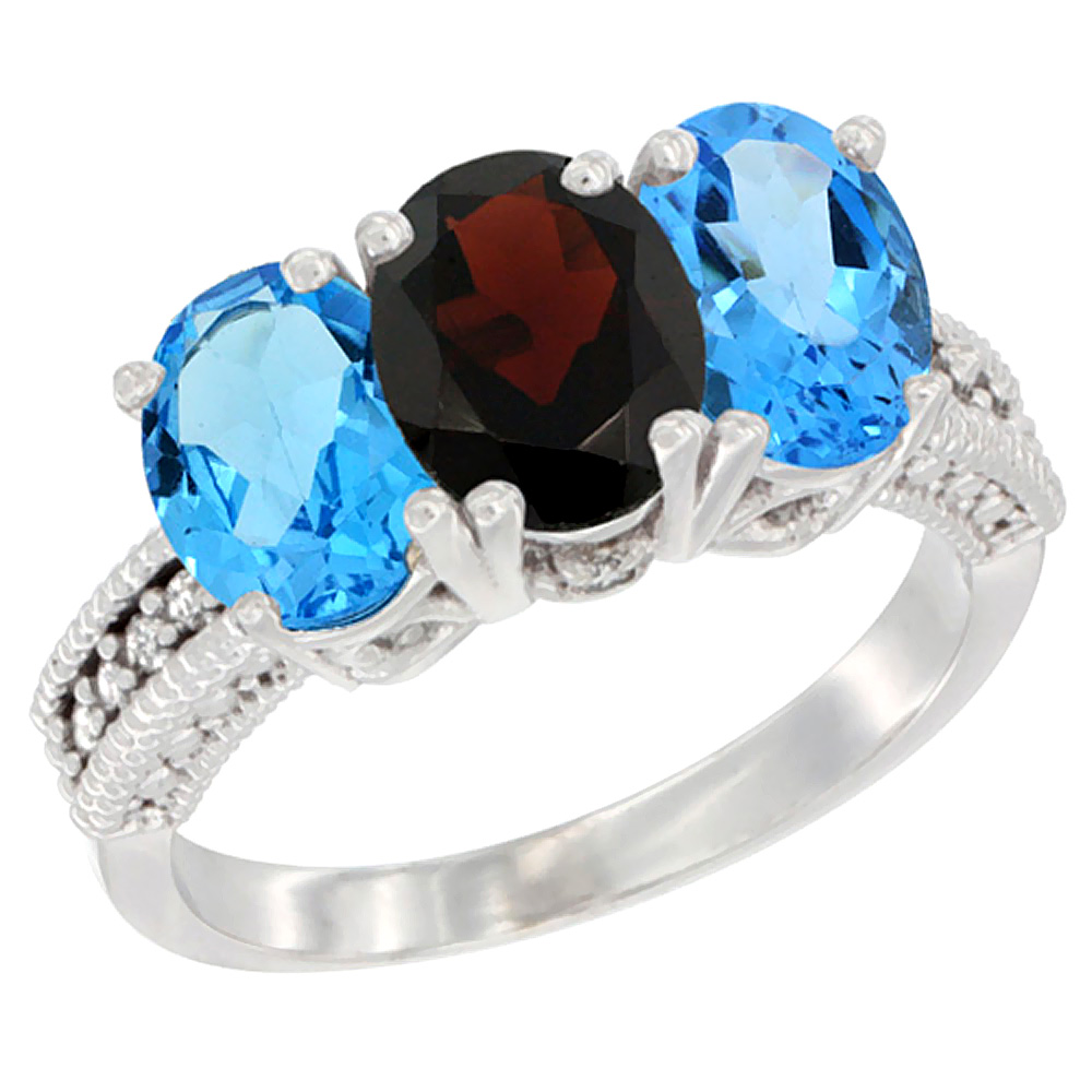 14K White Gold Natural Garnet & Swiss Blue Topaz Sides Ring 3-Stone 7x5 mm Oval Diamond Accent, sizes 5 - 10