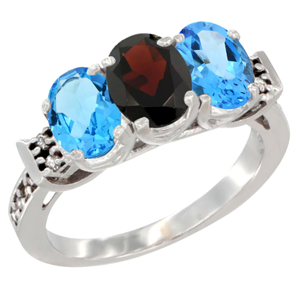 14K White Gold Natural Garnet &amp; Swiss Blue Topaz Sides Ring 3-Stone 7x5 mm Oval Diamond Accent, sizes 5 - 10