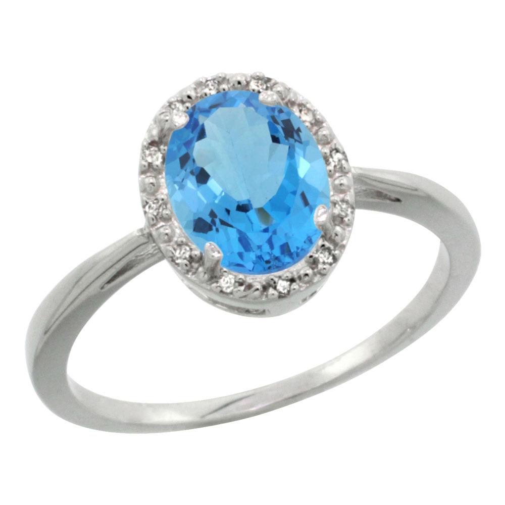 14K White Gold Natural Swiss Blue Topaz Diamond Halo Ring Oval 8X6mm, sizes 5-10