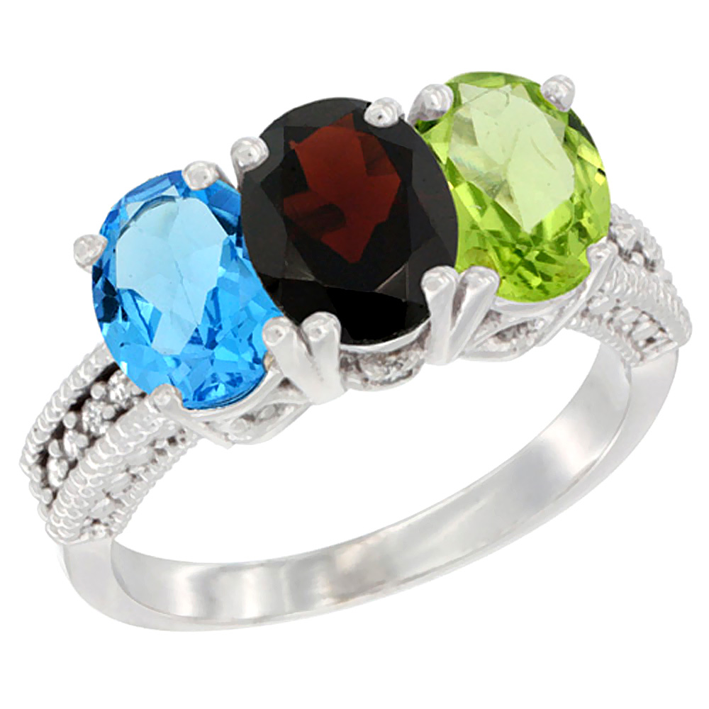 10K White Gold Natural Swiss Blue Topaz, Garnet & Peridot Ring 3-Stone Oval 7x5 mm Diamond Accent, sizes 5 - 10