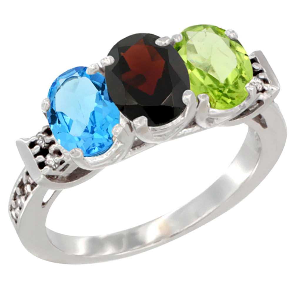 14K White Gold Natural Swiss Blue Topaz, Garnet & Peridot Ring 3-Stone 7x5 mm Oval Diamond Accent, sizes 5 - 10