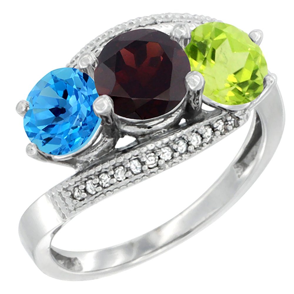 10K White Gold Natural Swiss Blue Topaz, Garnet &amp; Peridot 3 stone Ring Round 6mm Diamond Accent, sizes 5 - 10