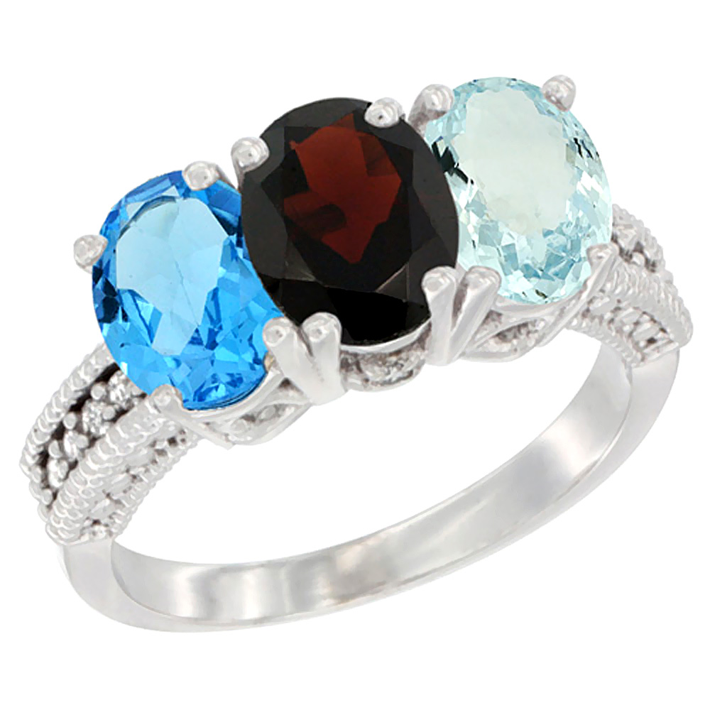 10K White Gold Natural Swiss Blue Topaz, Garnet & Aquamarine Ring 3-Stone Oval 7x5 mm Diamond Accent, sizes 5 - 10