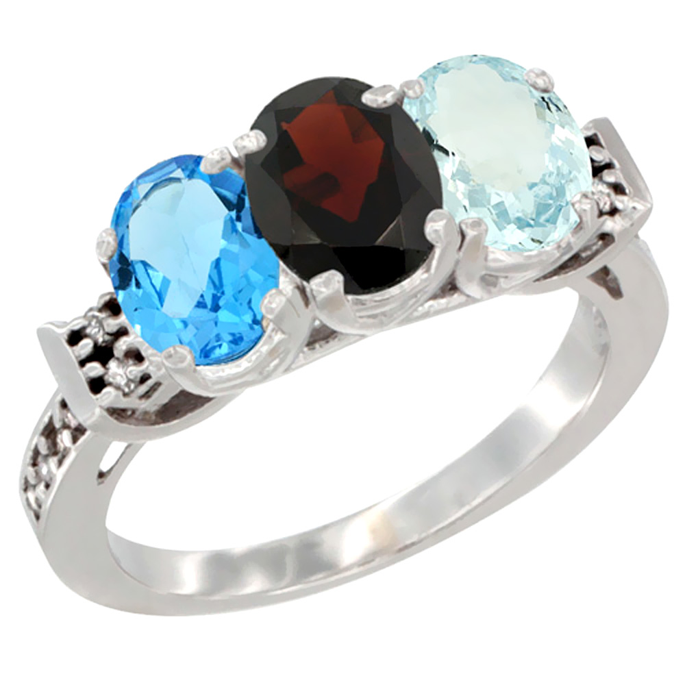 14K White Gold Natural Swiss Blue Topaz, Garnet & Aquamarine Ring 3-Stone 7x5 mm Oval Diamond Accent, sizes 5 - 10