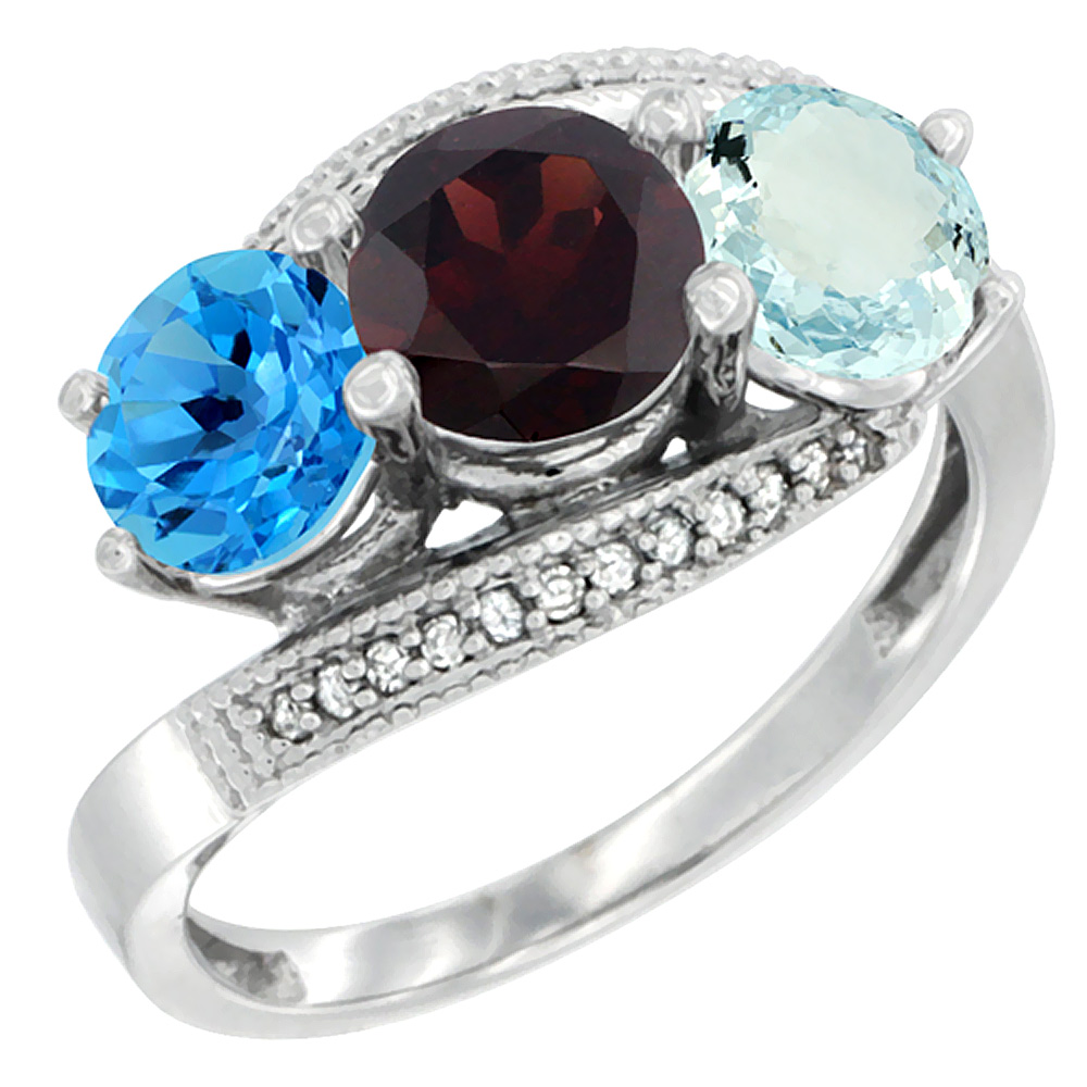 10K White Gold Natural Swiss Blue Topaz, Garnet & Aquamarine 3 stone Ring Round 6mm Diamond Accent, sizes 5 - 10