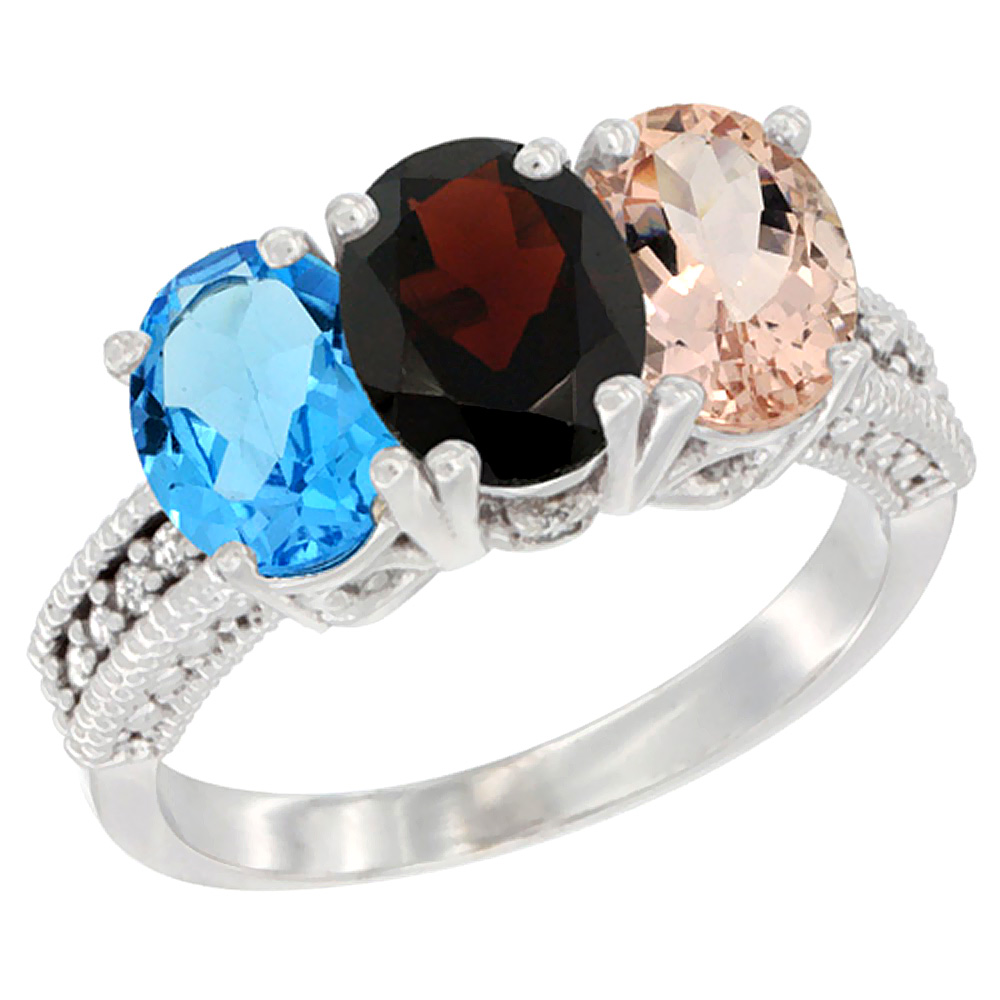 10K White Gold Natural Swiss Blue Topaz, Garnet &amp; Morganite Ring 3-Stone Oval 7x5 mm Diamond Accent, sizes 5 - 10