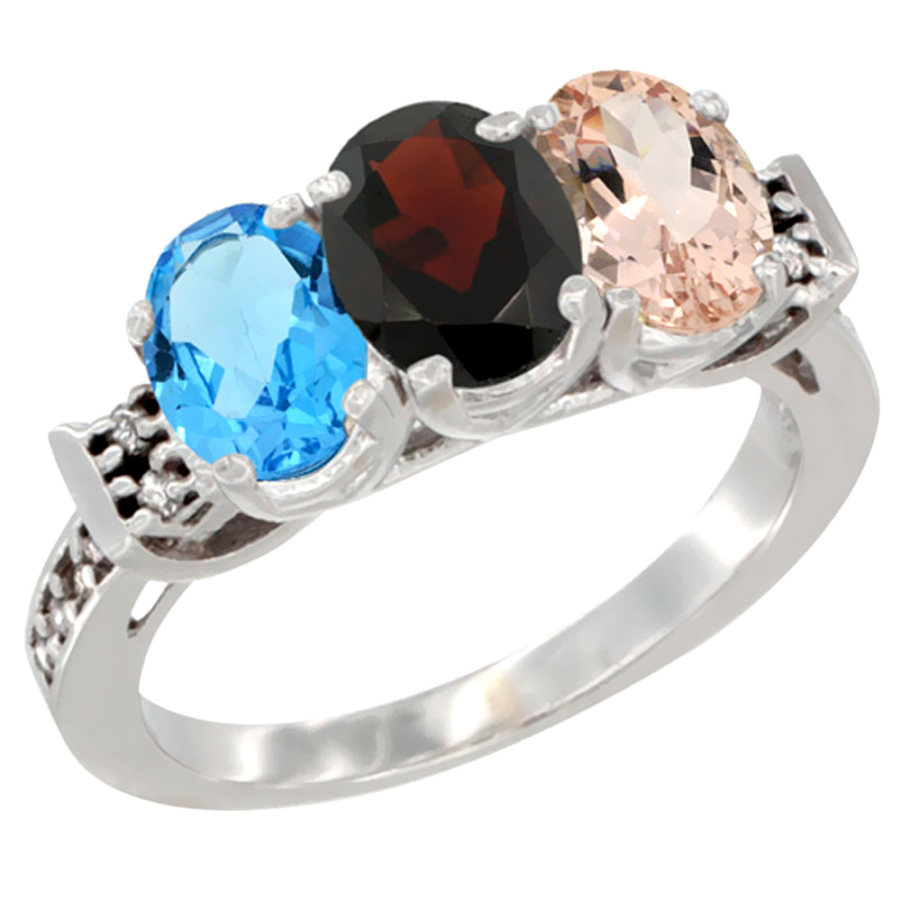 14K White Gold Natural Swiss Blue Topaz, Garnet & Morganite Ring 3-Stone 7x5 mm Oval Diamond Accent, sizes 5 - 10