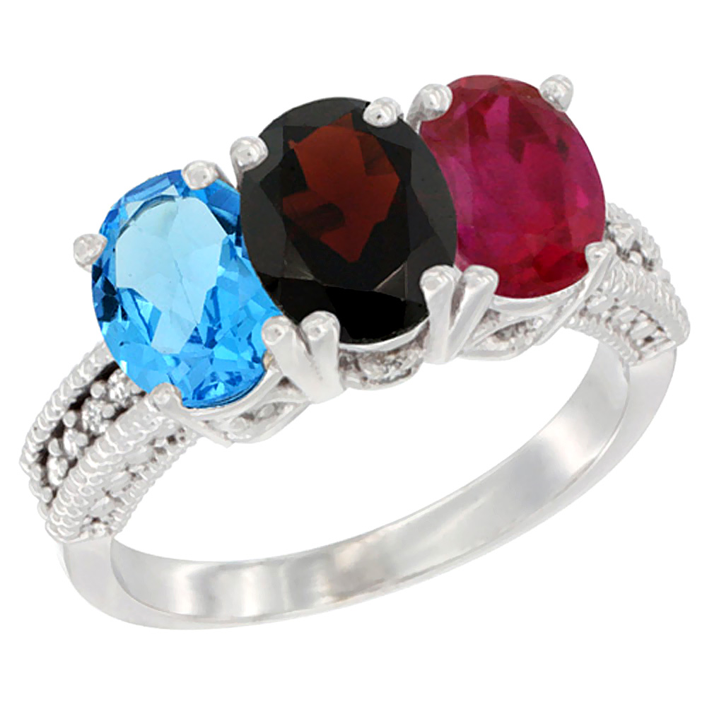 14K White Gold Natural Swiss Blue Topaz, Garnet &amp; Enhanced Ruby Ring 3-Stone 7x5 mm Oval Diamond Accent, sizes 5 - 10