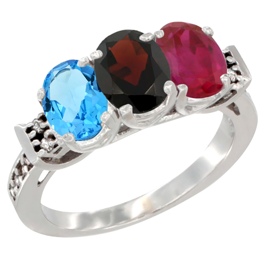 10K White Gold Natural Swiss Blue Topaz, Garnet &amp; Enhanced Ruby Ring 3-Stone Oval 7x5 mm Diamond Accent, sizes 5 - 10