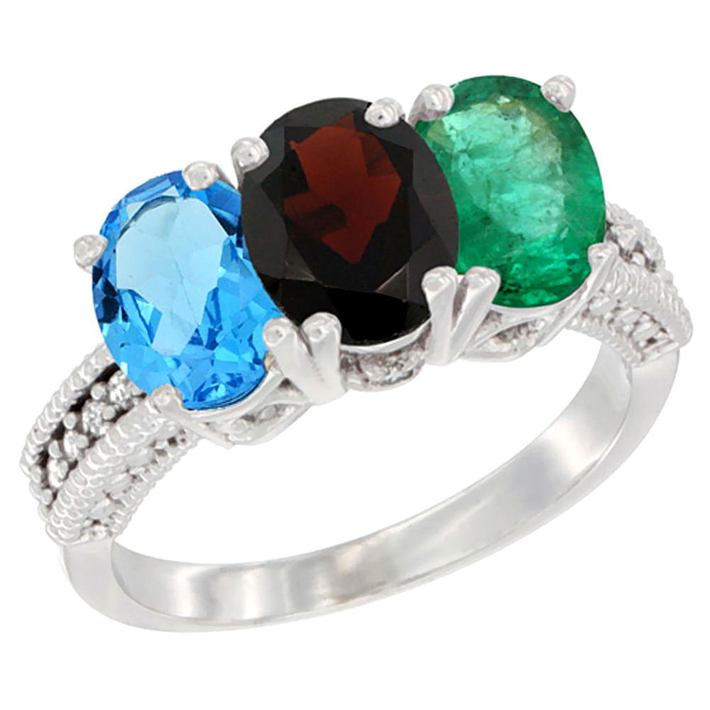 14K White Gold Natural Swiss Blue Topaz, Garnet &amp; Emerald Ring 3-Stone 7x5 mm Oval Diamond Accent, sizes 5 - 10