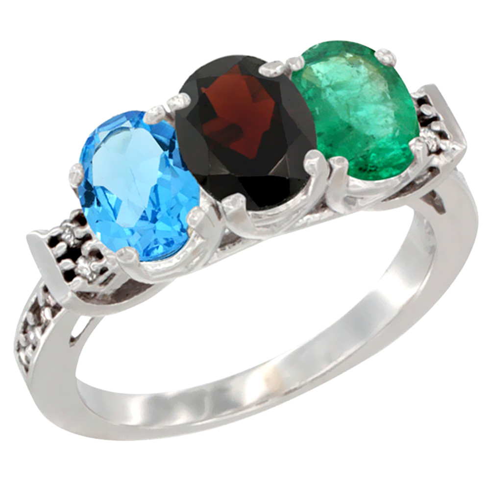 10K White Gold Natural Swiss Blue Topaz, Garnet & Emerald Ring 3-Stone Oval 7x5 mm Diamond Accent, sizes 5 - 10