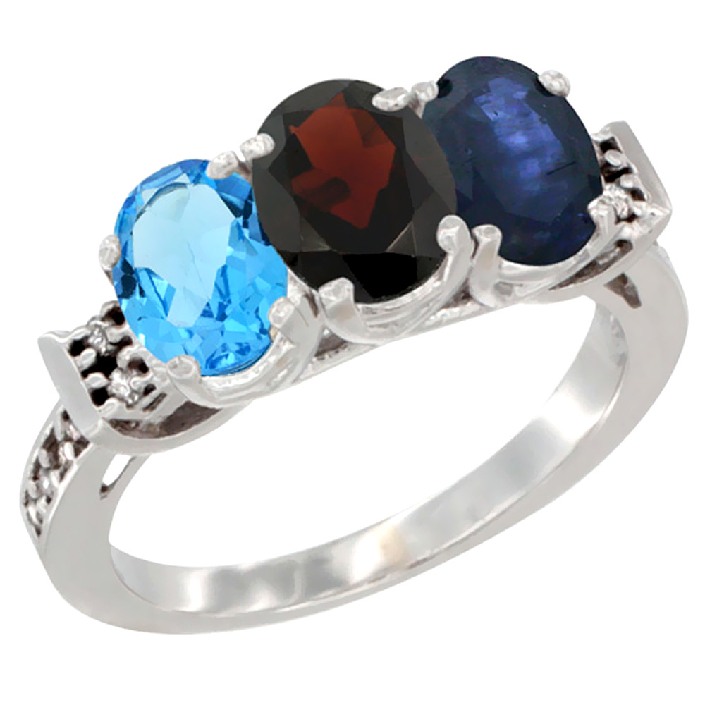 14K White Gold Natural Swiss Blue Topaz, Garnet & Blue Sapphire Ring 3-Stone 7x5 mm Oval Diamond Accent, sizes 5 - 10