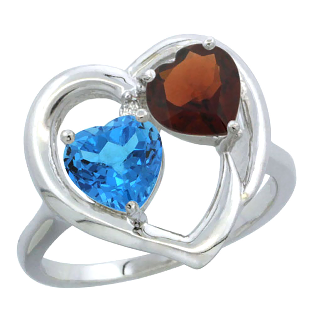 10K White Gold Diamond Two-stone Heart Ring 6mm Natural Swiss Blue Topaz & Garnet, sizes 5-10