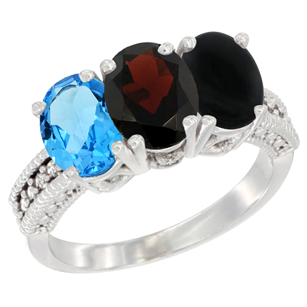 10K White Gold Natural Swiss Blue Topaz, Garnet & Black Onyx Ring 3-Stone Oval 7x5 mm Diamond Accent, sizes 5 - 10