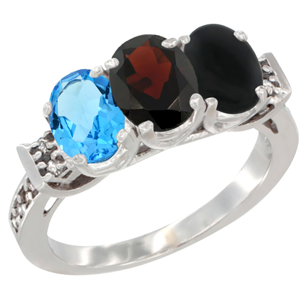 10K White Gold Natural Swiss Blue Topaz, Garnet & Black Onyx Ring 3-Stone Oval 7x5 mm Diamond Accent, sizes 5 - 10