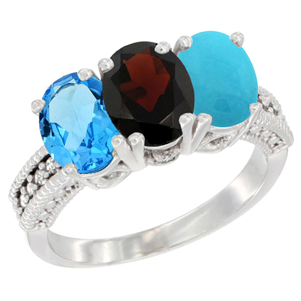 10K White Gold Natural Swiss Blue Topaz, Garnet &amp; Turquoise Ring 3-Stone Oval 7x5 mm Diamond Accent, sizes 5 - 10