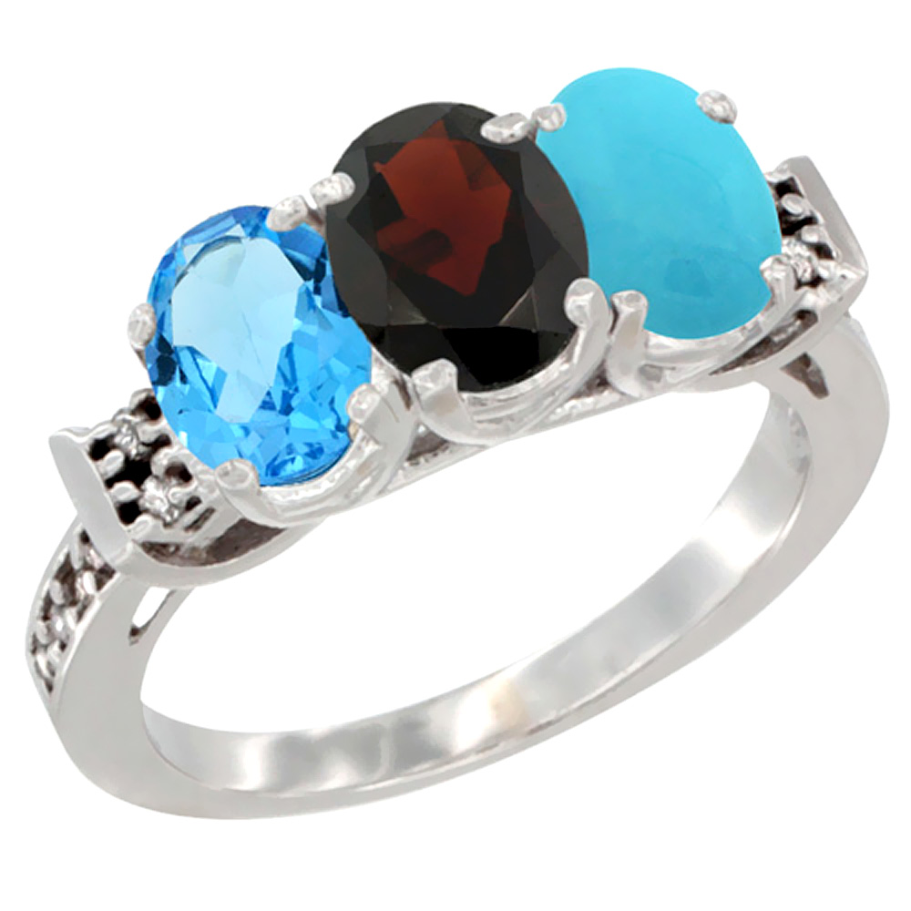 10K White Gold Natural Swiss Blue Topaz, Garnet &amp; Turquoise Ring 3-Stone Oval 7x5 mm Diamond Accent, sizes 5 - 10