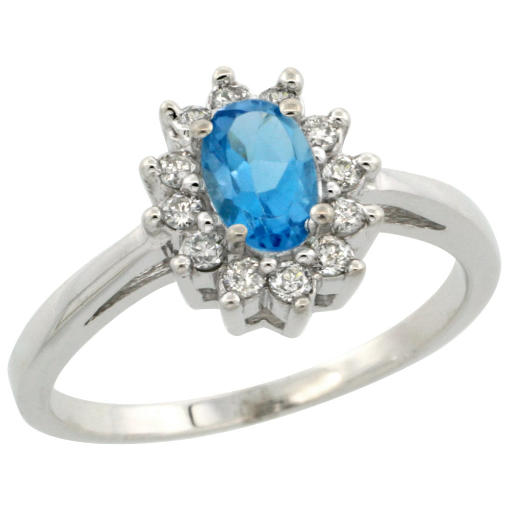 14K White Gold Natural Swiss Blue Topaz Flower Diamond Halo Ring Oval 6x4 mm, sizes 5-10