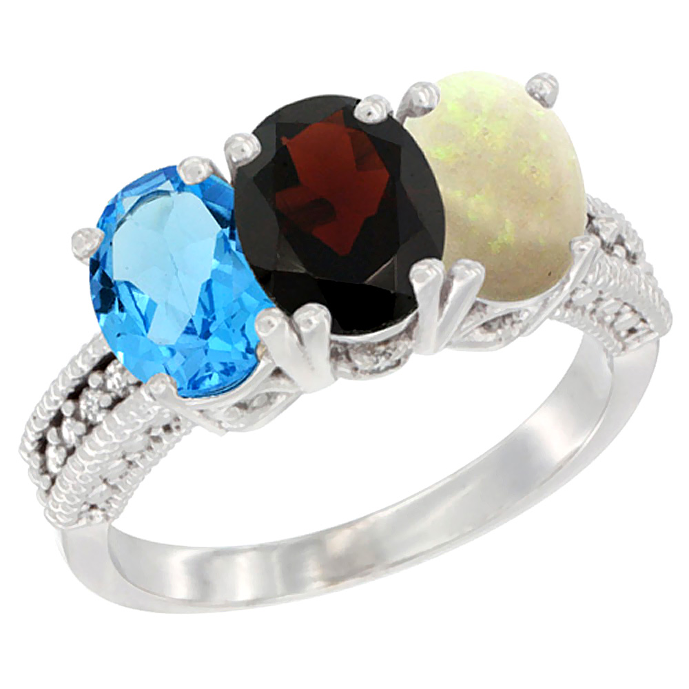 10K White Gold Natural Swiss Blue Topaz, Garnet &amp; Opal Ring 3-Stone Oval 7x5 mm Diamond Accent, sizes 5 - 10