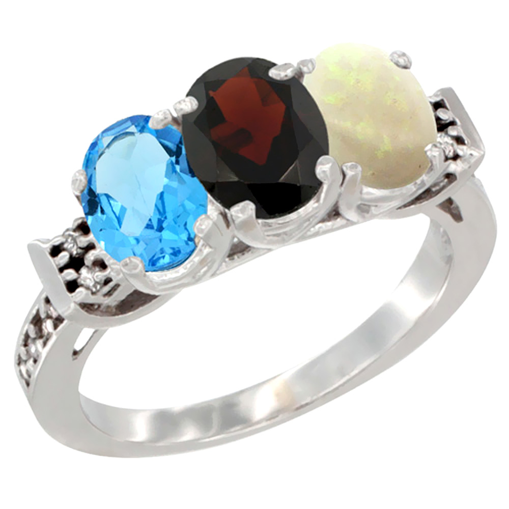 10K White Gold Natural Swiss Blue Topaz, Garnet &amp; Opal Ring 3-Stone Oval 7x5 mm Diamond Accent, sizes 5 - 10