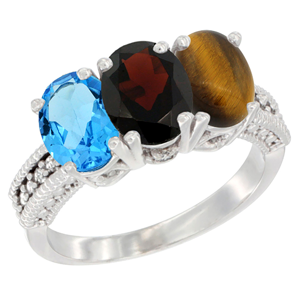 10K White Gold Natural Swiss Blue Topaz, Garnet &amp; Tiger Eye Ring 3-Stone Oval 7x5 mm Diamond Accent, sizes 5 - 10