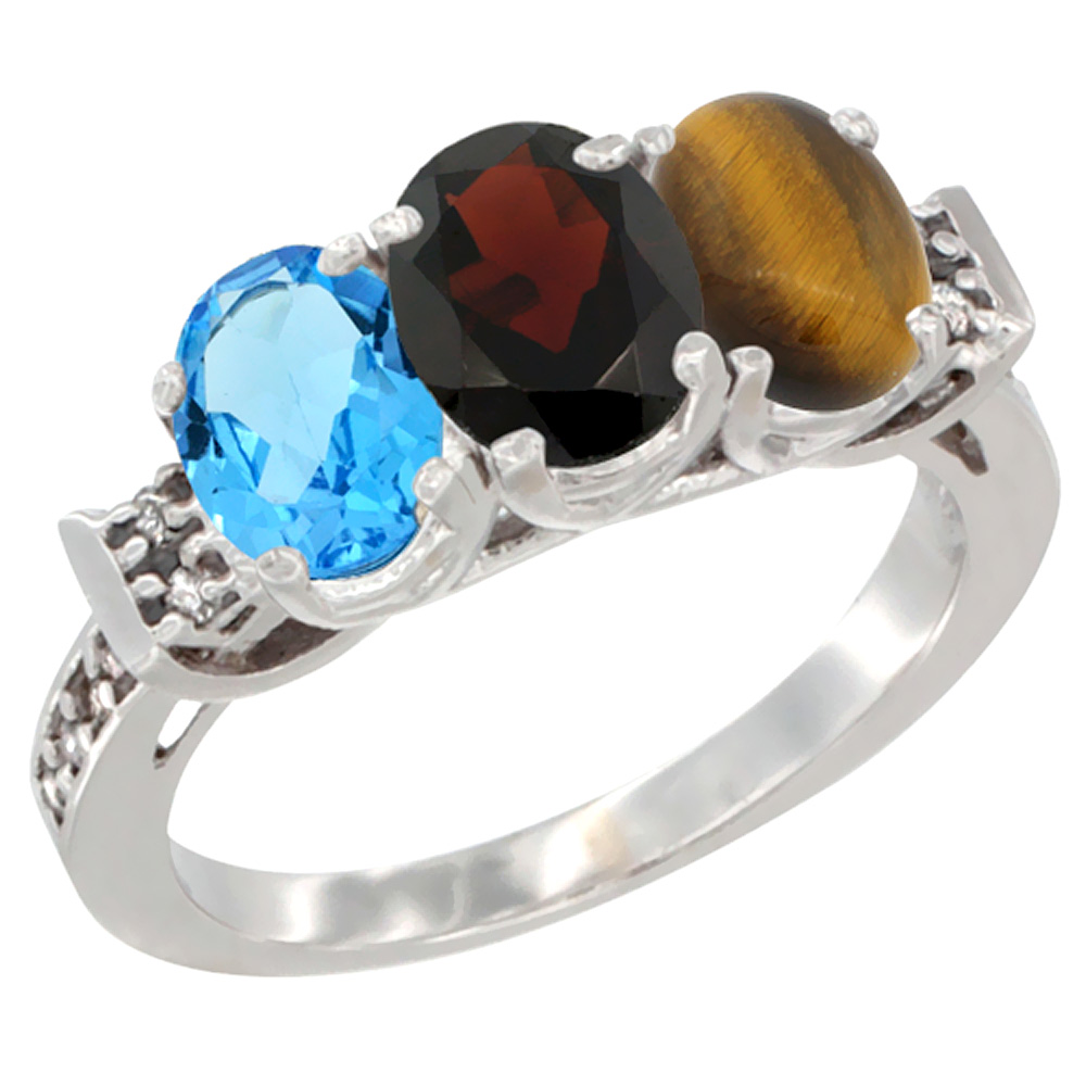 10K White Gold Natural Swiss Blue Topaz, Garnet & Tiger Eye Ring 3-Stone Oval 7x5 mm Diamond Accent, sizes 5 - 10