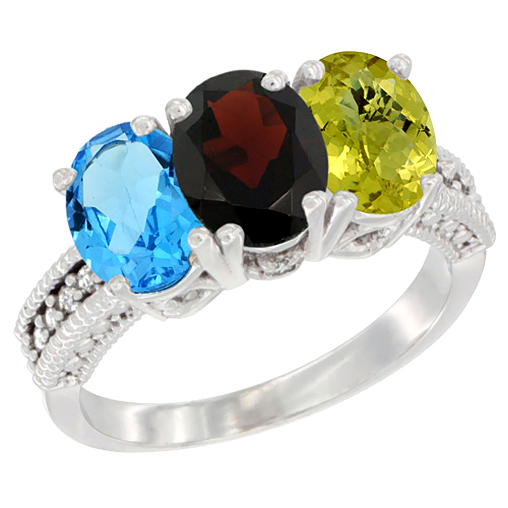 10K White Gold Natural Swiss Blue Topaz, Garnet &amp; Lemon Quartz Ring 3-Stone Oval 7x5 mm Diamond Accent, sizes 5 - 10