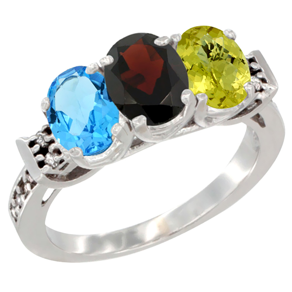 10K White Gold Natural Swiss Blue Topaz, Garnet &amp; Lemon Quartz Ring 3-Stone Oval 7x5 mm Diamond Accent, sizes 5 - 10