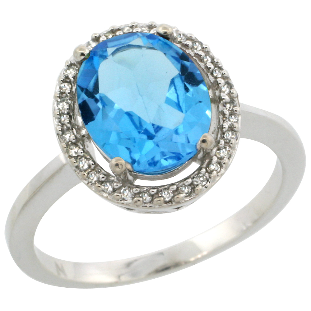 10K White Gold Diamond Halo Natural Swiss Blue Topaz Engagement Ring Oval 10x8 mm, sizes 5-10