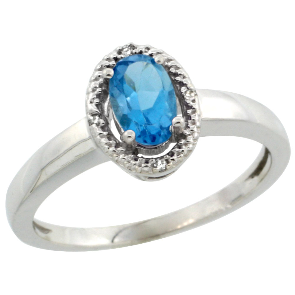 14K White Gold Diamond Halo Natural Swiss Blue Topaz Engagement Ring Oval 6X4 mm, sizes 5-10