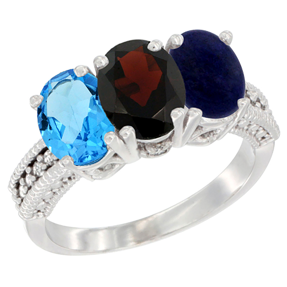 14K White Gold Natural Swiss Blue Topaz, Garnet &amp; Lapis Ring 3-Stone 7x5 mm Oval Diamond Accent, sizes 5 - 10