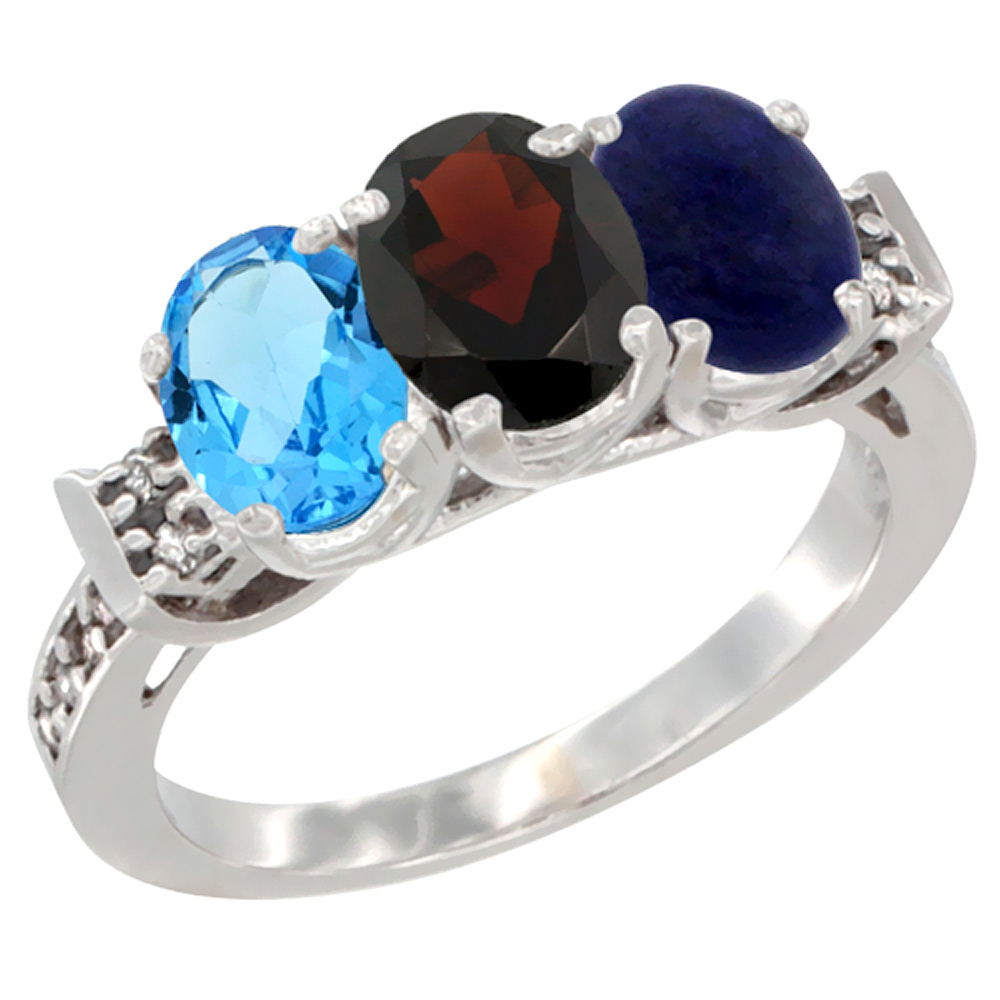 14K White Gold Natural Swiss Blue Topaz, Garnet & Lapis Ring 3-Stone 7x5 mm Oval Diamond Accent, sizes 5 - 10