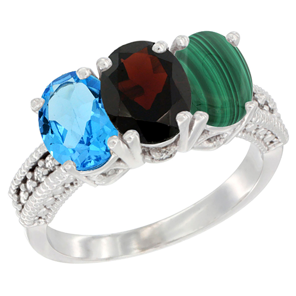 14K White Gold Natural Swiss Blue Topaz, Garnet & Malachite Ring 3-Stone 7x5 mm Oval Diamond Accent, sizes 5 - 10