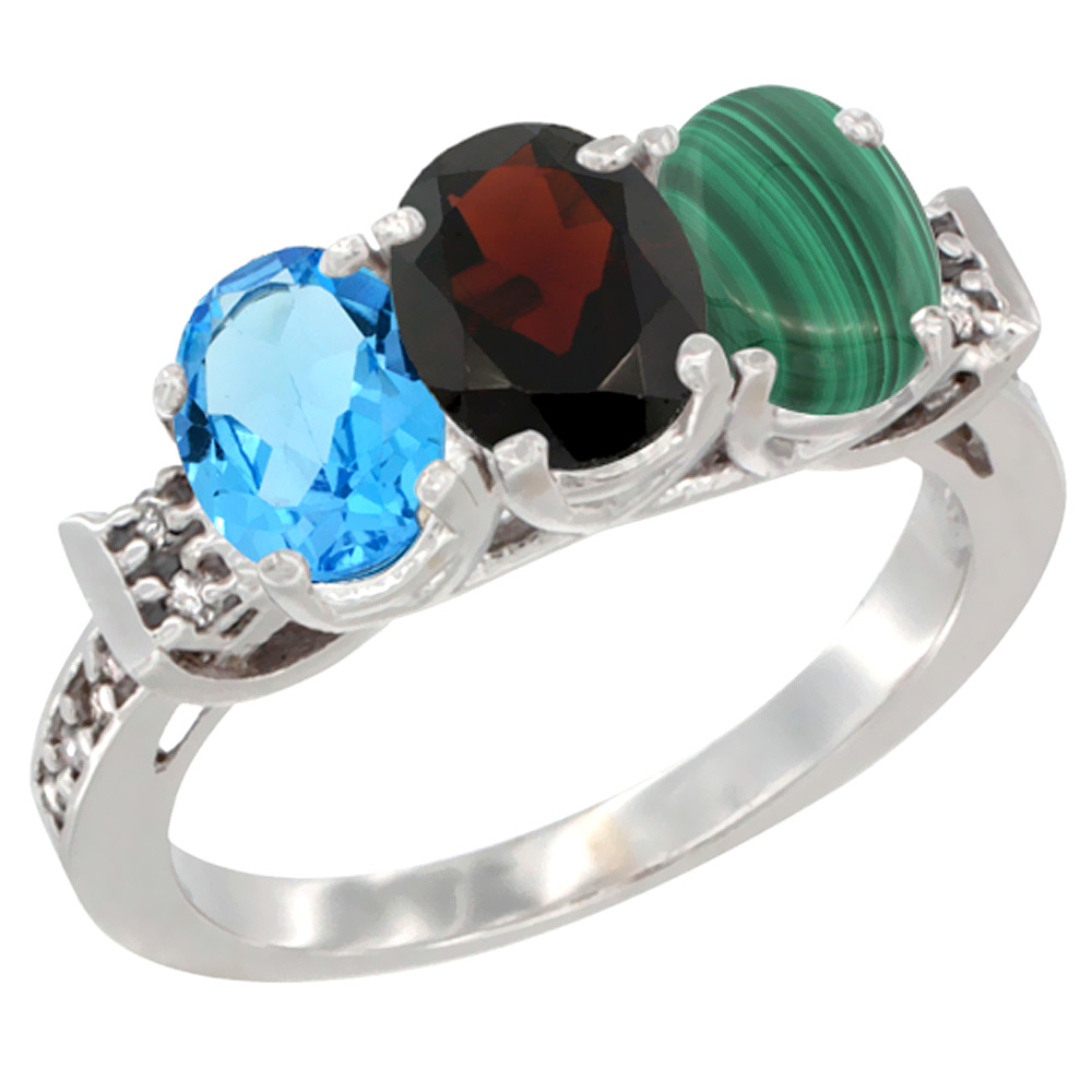 14K White Gold Natural Swiss Blue Topaz, Garnet & Malachite Ring 3-Stone 7x5 mm Oval Diamond Accent, sizes 5 - 10