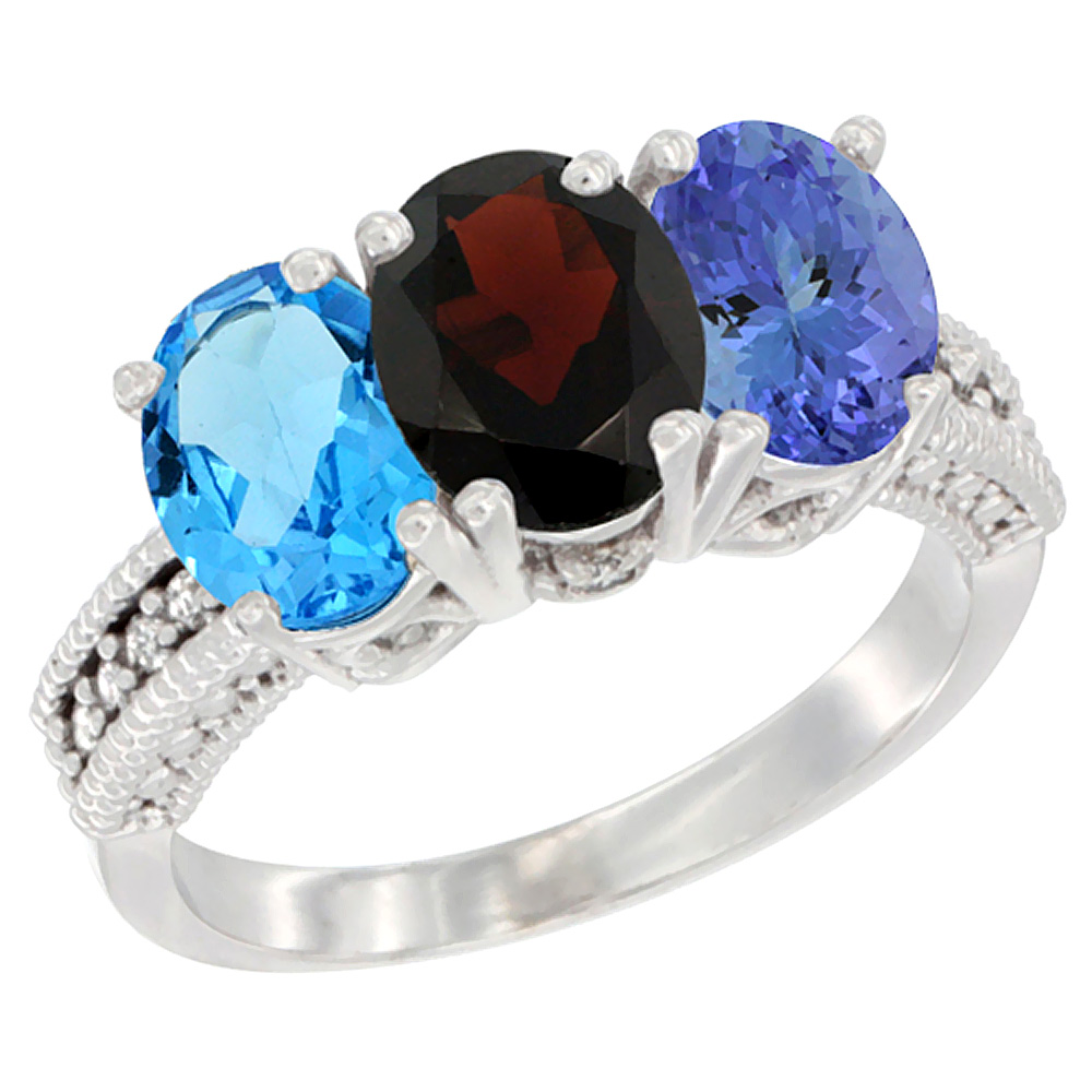 10K White Gold Natural Swiss Blue Topaz, Garnet & Tanzanite Ring 3-Stone Oval 7x5 mm Diamond Accent, sizes 5 - 10