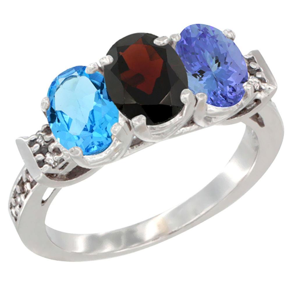 10K White Gold Natural Swiss Blue Topaz, Garnet & Tanzanite Ring 3-Stone Oval 7x5 mm Diamond Accent, sizes 5 - 10