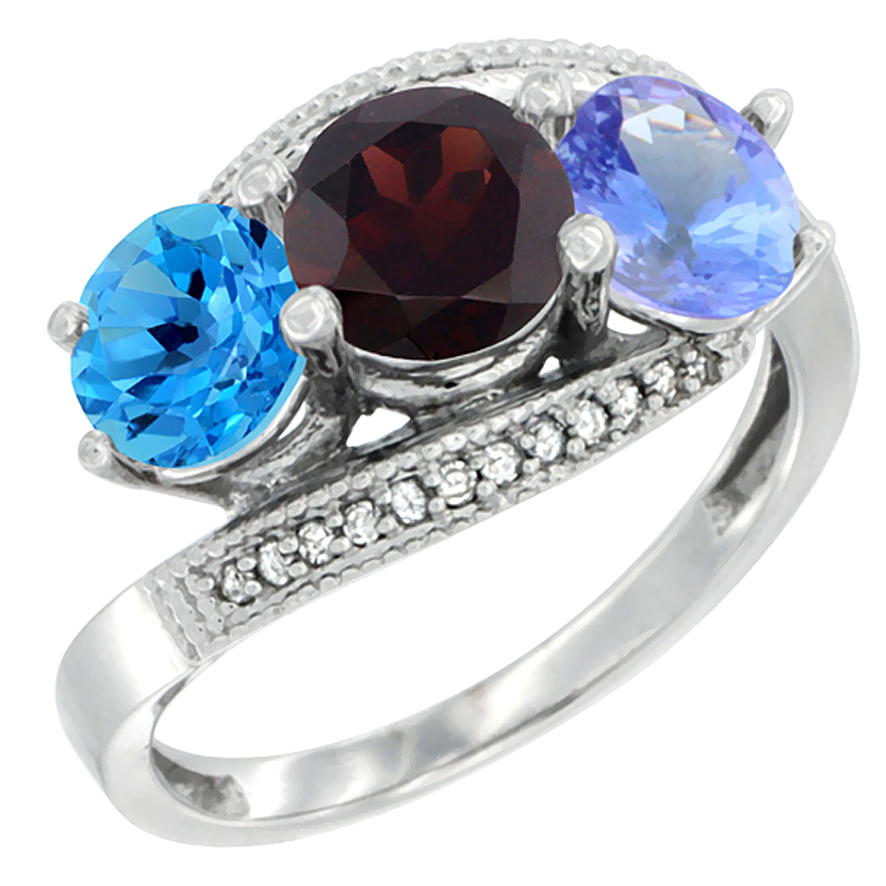 14K White Gold Natural Swiss Blue Topaz, Garnet & Tanzanite 3 stone Ring Round 6mm Diamond Accent, sizes 5 - 10