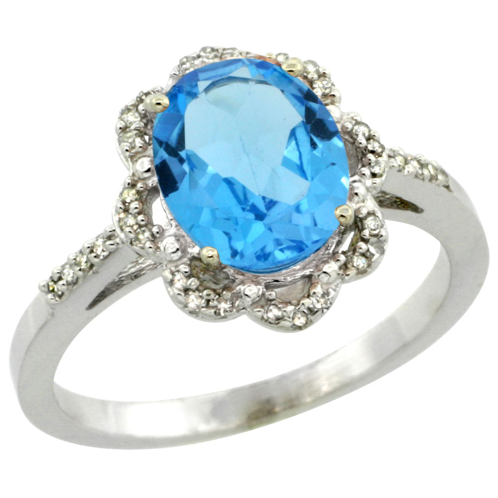 14K White Gold Diamond Halo Natural Swiss Blue Topaz Engagement Ring Oval 9x7mm, sizes 5-10