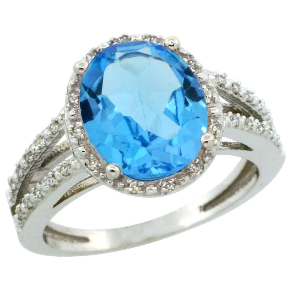 14K White Gold Natural Swiss Blue Topaz Diamond Halo Ring Oval 11x9mm, sizes 5-10