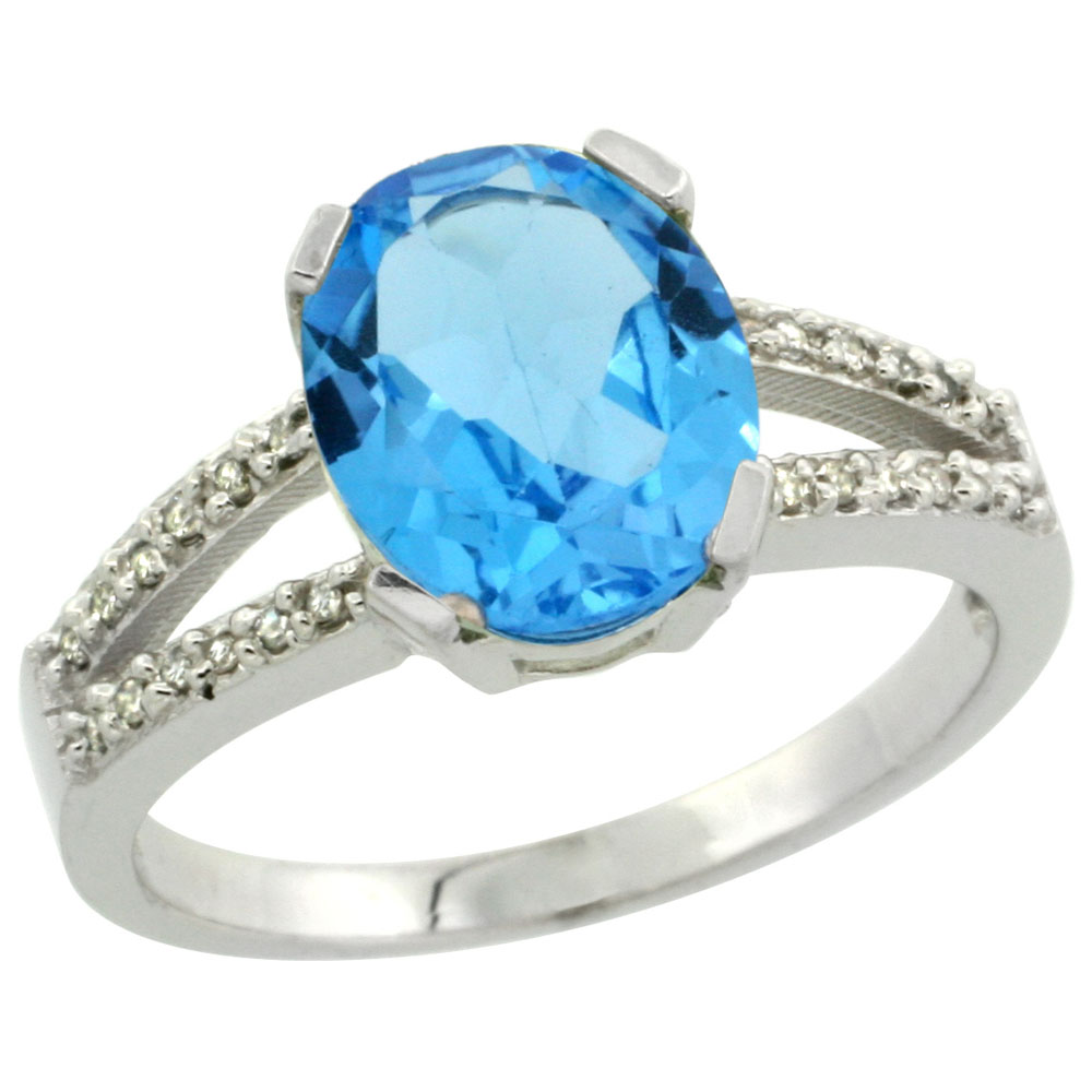 14K White Gold Diamond Natural Swiss Blue Topaz Engagement Ring Oval 10x8mm, sizes 5-10