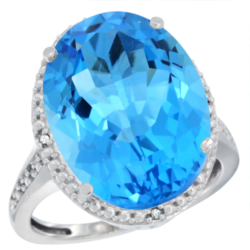 14K White Gold Diamond Natural Swiss Blue Topaz Ring Oval 18x13mm, sizes 5-10