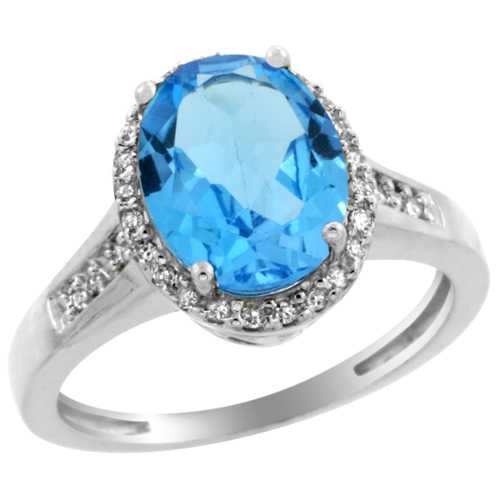 14K White Gold Diamond Natural Swiss Blue Topaz Engagement Ring Oval 10x8mm, sizes 5-10